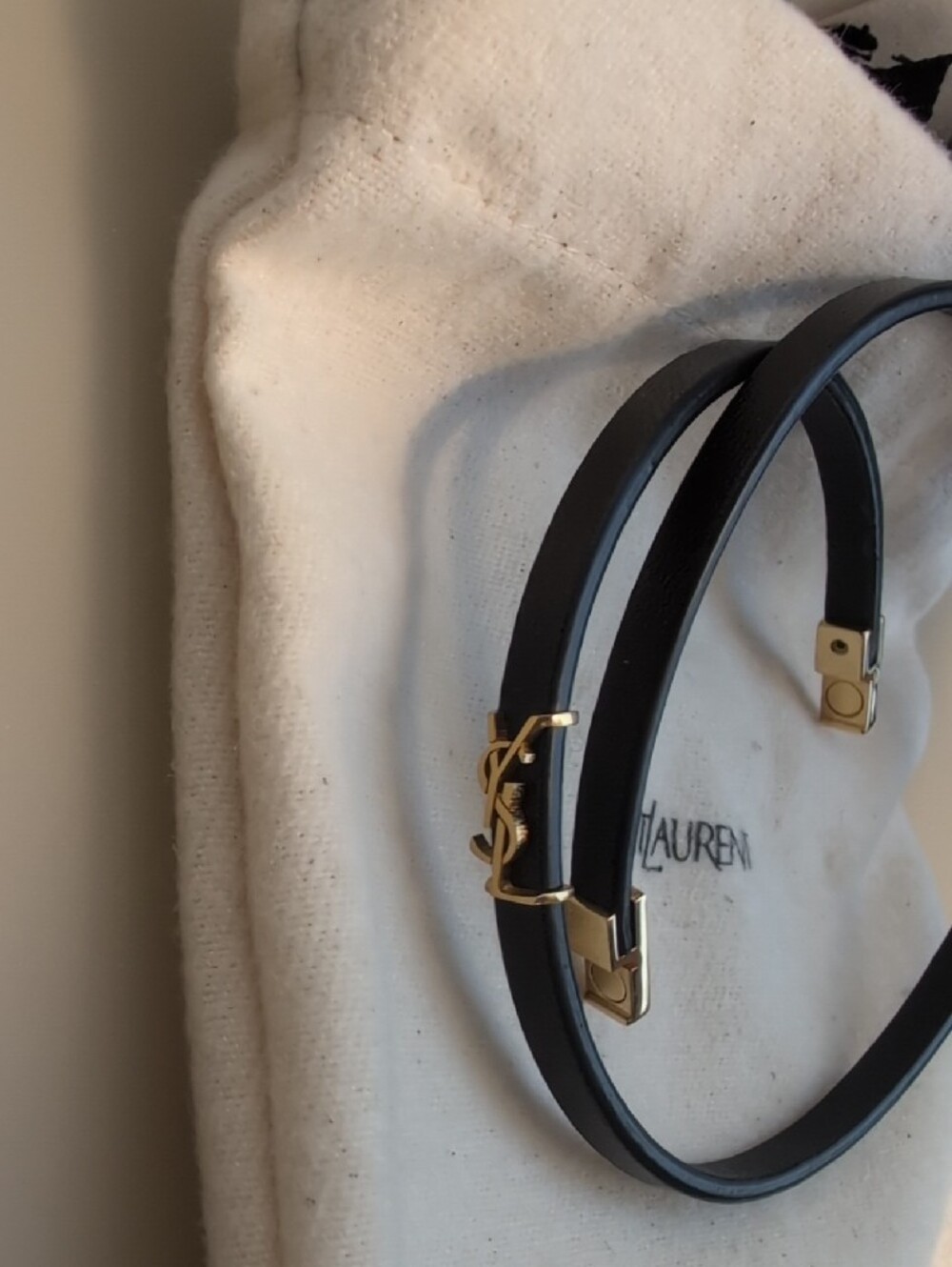 Saint Laurent Black Leather Double Wrap Bracelet with Gold Accents